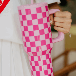 Pink Checker 38 Oz Tumbler with Handle