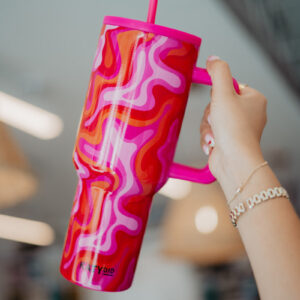 Hot Pink Retro Swirl Tumbler with Handle